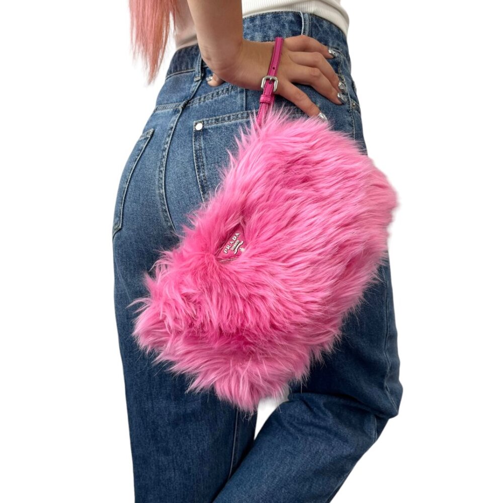 PRADA Vintage Logo Clutch Bag Wristlet Pouch Pink Silver Faux Fur Zip [103081]